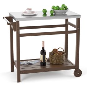 Outdoor Prep Cart Dining Table for Pizza Oven;  Patio Grilling Backyard BBQ Grill Cart - Brown