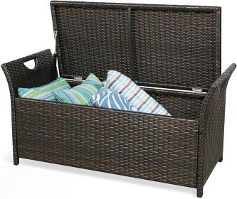 Patio Wicker Storage Bench Outdoor Rattan Deck Storage Box with Cushion (Beige) - Beige