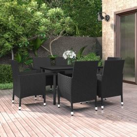 7 Piece Patio Dining Set with Cushions Poly Rattan and Glass - Black