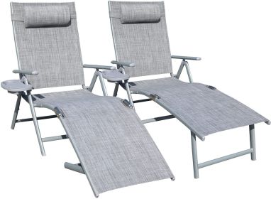 Aluminum Outdoor Folding Reclining Adjustable Patio Chaise Lounge Chair with Pillow for Poolside Backyard and Beach Set of 2 - Grey