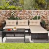 3 Piece Outdoor PE Rattan Furniture Set, Patio Black Wicker Conversation Loveseat Sofa Sectional Couch Khaki Cushion - as picture