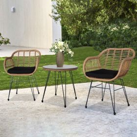 Oshion 3 pcs Wicker Rattan Patio Conversation Set with Tempered Glass Table Flaxen Yellow - Flaxen Yellow