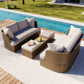 Customizable Outdoor Patio Furniture Set, Wicker Furniture Sofa Set with Thick Cushions, Suitable for Backyard, Porch. - Beige