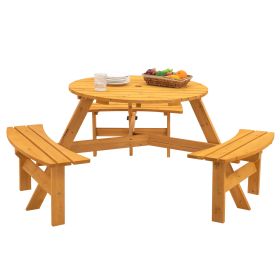 6-Person Circular Outdoor Wooden Picnic Table for Patio, Backyard, Garden, DIY w/ 3 Built-in Benches, 1720lb Capacity - Natural - as Pic