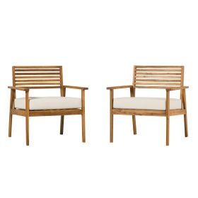 Modern 2-Piece Slat-Back Solid Acacia Wood Patio Club Chair Set – Brown