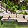 3 Piece Outdoor PE Rattan Furniture Set, Patio Black Wicker Conversation Loveseat Sofa Sectional Couch Khaki Cushion - as picture