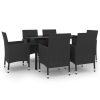 7 Piece Patio Dining Set with Cushions Poly Rattan and Glass - Black