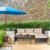 3 Piece Outdoor PE Rattan Furniture Set, Patio Black Wicker Conversation Loveseat Sofa Sectional Couch Khaki Cushion - as picture