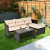 3 Piece Outdoor PE Rattan Furniture Set, Patio Black Wicker Conversation Loveseat Sofa Sectional Couch Khaki Cushion - as picture