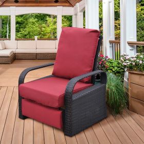 Outdoor Recliner Chair;  Automatic Adjustable Wicker Lounge Recliner Chair with 5.12'' Thicken Cushion (Color: Red)