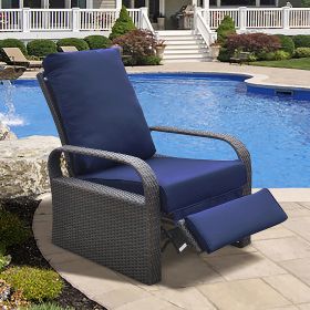 Outdoor Recliner Chair;  Automatic Adjustable Wicker Lounge Recliner Chair with 5.12'' Thicken Cushion (Color: Navy Blue)